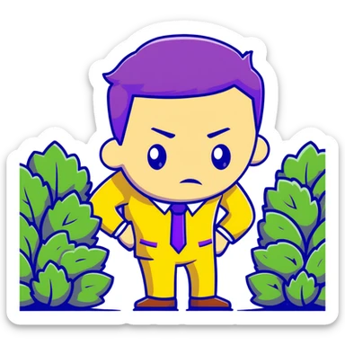 Man in a yellow suit looking suspicious while hiding in a bush, shifty eyes sticker