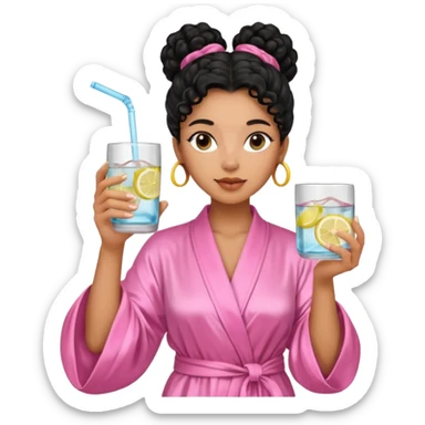 Mixed-race woman with caramel skin, long jet black curly hair tied in a bun, wearing a pastel pink silk robe, holding a glass of infused water with lemon in her right hand  sticker