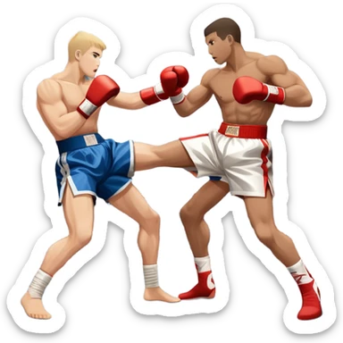 An icon symbolizing kickboxing, featuring two fighters in the ring. One throws a powerful high kick, while the other counters with a punch. The background shows a boxing ring with ropes and a crowd in the distance. Transparent background emphasizes the dynamic energy sticker