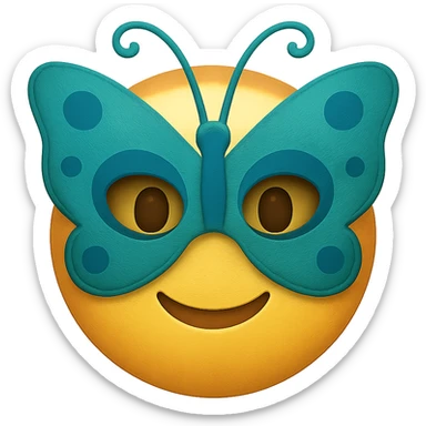 yellow face with teal butterfly mask emoji, digital illustration sticker