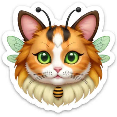 Calico Cat fluffy doll face with bee wings antennae green eyes sticker