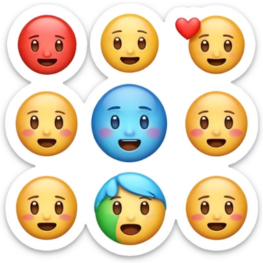 Generate a set of colorful, high-resolution emojis representing emotions like happiness, sadness, anger, love, surprise, and excitement. The emojis should have a glossy 3D style with smooth gradients, cute expressions, and clear facial features. Transparent background."
 sticker