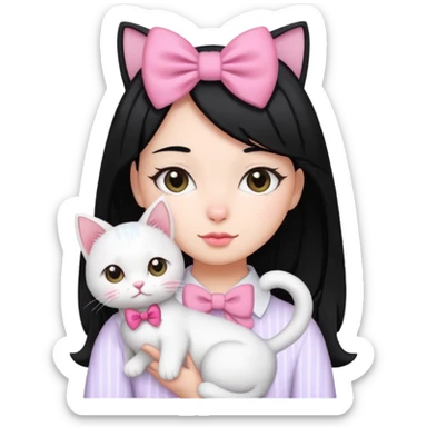 A gurl black hair with one pink bow holding one white cat sticker