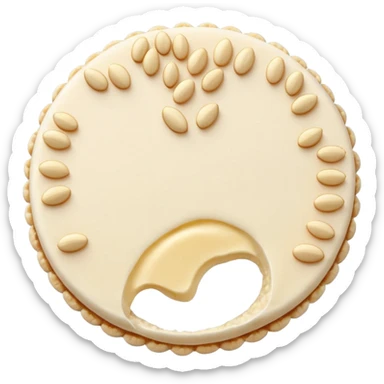 A round puffed rice cake, flat disc shape, light beige/off-white color, bumpy textured surface showing compressed puffed rice grains, crispy appearance, simple flat design, centered on transparent background. sticker