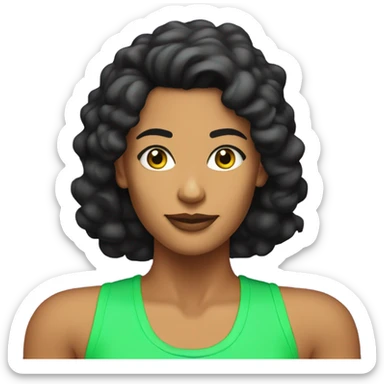 Tanned woman with black hair wearing 1980s style neon fitness outfit and hair sticker