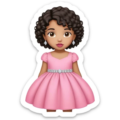 light brown skin tone, very adorable toddler, with big plump lips, long long lashes, black curly bob, brown eyes, pink dress, diamond stud earrings sticker