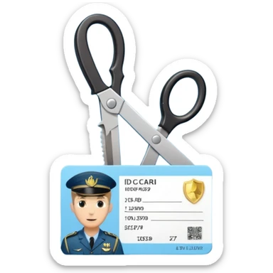 Floating black Scissors cutting in half a light blue idf soldier ID card with golden chip in 2 parts .hyper realistic sticker