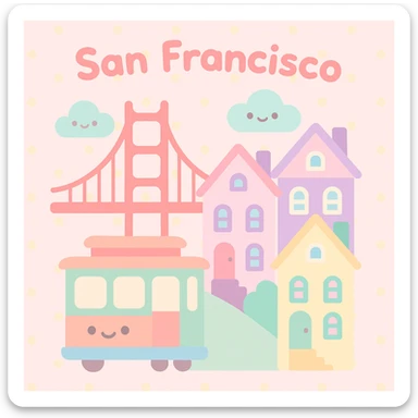 {
  "style_description": {
    "overall_look": "Cute, minimal, and soft with a friendly and playful tone",
    "material_simulation": {
      "primary_material": "flat digital color",
      "texture_detail": "smooth surfaces with no texture or shading",
      "pattern": "none or very simple decorative accents (e.g., hearts, stars)"
    },
    "geometry": {
      "edge_style": "rounded, soft curves with no sharp angles",
      "dimensionality": "flat two-dimensional appearance with simple shapes"
    },
    "color_palette": {
      "scheme": "pastel and light tones",
      "preferred_colors": ["pink", "mint", "lavender", "baby blue", "peach"],
      "contrast": "low contrast with bright accents"
    },
    "facial_features": {
      "eyes": "large, sparkly, often oval or circular",
      "mouth": "small, often a simple curve or dot",
      "expression": "joyful, innocent, or calm"
    },
    "lighting": {
      "type": "none or implied with soft highlights",
      "purpose": "maintain a clean and cheerful look"
    },
    "render_constraints": {
      "avoid": ["realistic shading", "high detail", "dark themes", "texture noise"],
      "focus_on": ["cute expression", "iconic simplicity", "emotional warmth"]
    },
    "background": {
      "color": "white or soft pastel",
      "style": "plain or patterned with simple icons (e.g., polka dots, stars)",
      "lighting_consistency": "no shadows, evenly lit feel"
    }
  }
}

{subject} = san francisco sticker