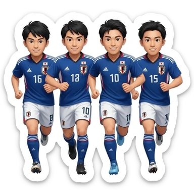4 soccer players, asian look of the same team in blue jersey of Japan National team playing soccer together in running pose sticker