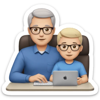 Middle aged man with glasses working at his desk, with his child sitting behind him on the headrest of his chair looking at his computer sticker