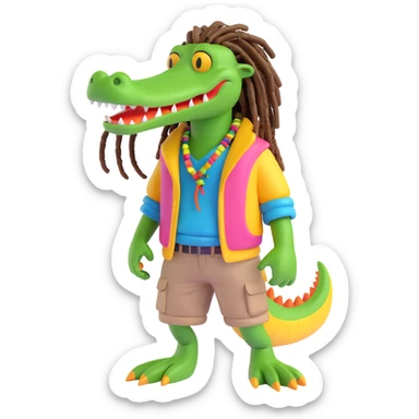 3D cartoon character of a Rasta alligator, wearing colorful clothes and with dreadlocks, vibrant and playful style sticker
