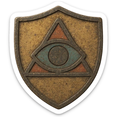 Make the shield with the Eye of Ibad look more ancient, with weathered metal, faded paint, and worn details, keeping the background transparent. sticker