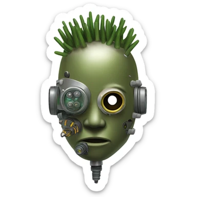 Olive green mohawk cyborg head with respirator mask and circuits sticker