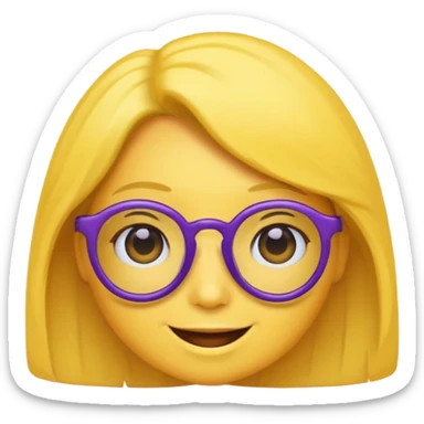 un emojis amarillo, con el cabello negro corto lacio,   con lentes violeta y una sonrisa sticker