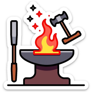 Blacksmithing icon, forged metal piece being shaped with hammer and anvil, glowing red-hot metal, blacksmith tools like tongs and chisel, sparks flying, minimalistic style, clean lines sticker