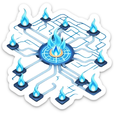 a map with a glowing blue flame on the x and networking paths sticker