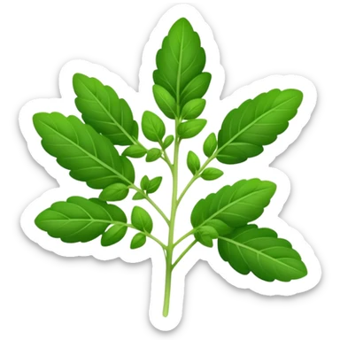 Cinematic Realistic Oregano Emoji, Bold and aromatic, with dark green leaves that radiate flavor and warmth. The plant’s rounded leaves create a lush, hearty growth, while the distinct scent invites comfort and coziness. Soft glowing outline, capturing the essence of bold flavor and herbal richness in a sprig of oregano! sticker