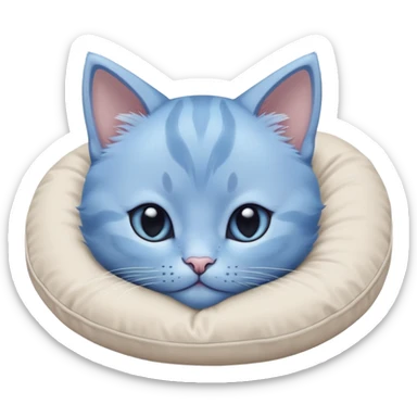 Close-up of a beautiful blue kitten's face with oversized paws resting on a pillow. The bottom of the pillow is cropped, and it's only partially visible. Minimalist design with very few details, focusing on the kitten's cute expression and large paws sticker