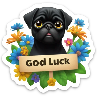 Black pug , surrounded by flowers, holding a green sign that says “good luck”  sticker