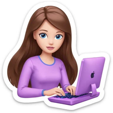 beautiful barbie girl with long brown hair, blue eyes and wearing light purple clothes playing computer games sticker