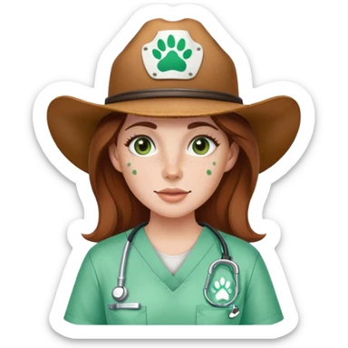 Pale Woman with brown hair and green eyes and freckles on her cheek bones wearing scrubs that have a paw print logo on the scrubs  and a cow girl hat sticker