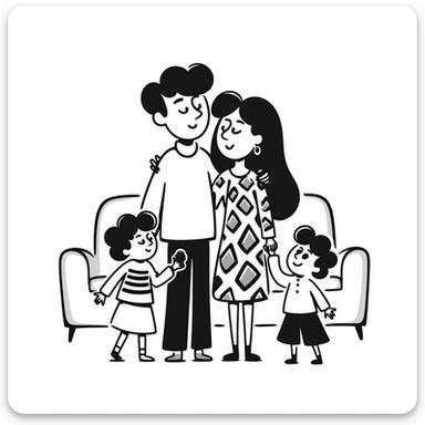 a family in a hand-drawn doodle style, simple lines, playful sticker