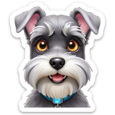 Cinematic Comical Miniature Schnauzer Portrait Emoji, Head tilted dramatically with a comically shocked expression and large, animated eyes, featuring a sharply defined salt-and-pepper fur with exaggerated, humorous eyebrows, simplified yet hilariously detailed, glowing with a bold, playful radiance, high shine, exuding a spirited and cheeky charm, styled with a soft glowing outline, capturing the essence of a Miniature Schnauzer that appears ready to dash into a burst of comic energy! sticker