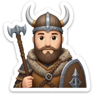 A tall Viking with braided beard, fur cloak, and heavy axe resting on his shoulder with horned helmet sticker