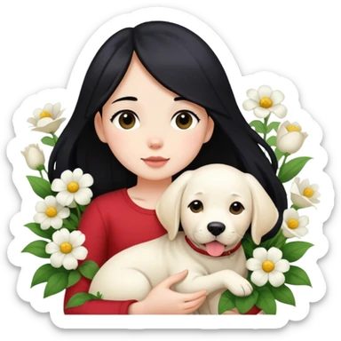 A girl with long black hair is holding a white Labrador in the flowers sticker