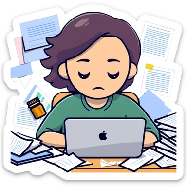 tired woman at a desk with a MacBook, surrounded by messy papers, emphasizing disorganization sticker