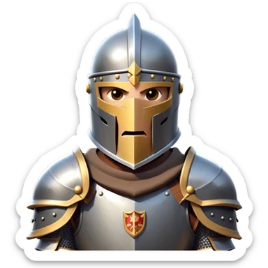 clash-of-clans-aesthetic_-cinematic-fearsome-and-majestic-knight-bust-portrait-emoji, rendered in a flat, vector-style with minimal shading and bold, simplified shapes, depicting a battle-ready medieval knight with steely eyes and intricate armor, mounted on a warhorse reflecting sunlight over a misty battlefield. sticker
