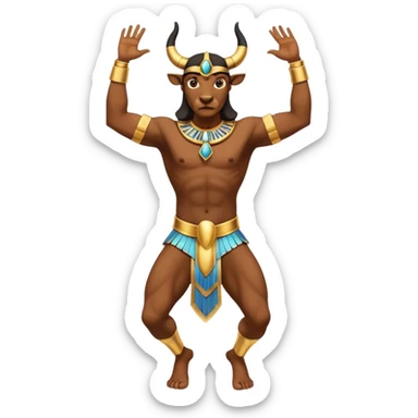 fullbody Egyptian human bull leaper, front view, in 'are you entertained' pose, without horns, with arms raised, with gold jewelry sticker