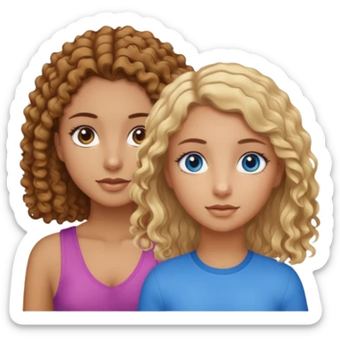 Tan girl with brown curly hair and brown eyes next to a tan girl with straight blonde hair and blue eyes sticker