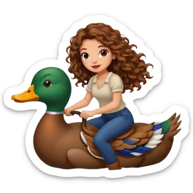 cute woman long curly brown hair tattoos riding duck through pond sticker