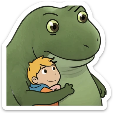 Leo hugging a dinosaur  sticker