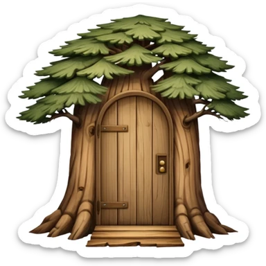 large and old pine tree with door sticker