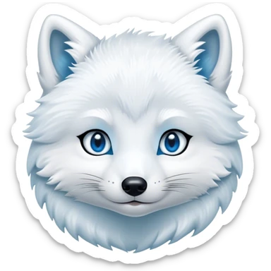 Cinematic Cute Arctic Fox Portrait Emoji, Head tilted playfully and inquisitively, featuring a silky, pure white Fur with delicate hints of icy blue on the ears and muzzle, round, sparkling eyes filled with curious charm, Simplified yet irresistibly adorable features, highly detailed, glowing with a warm, friendly glow, high shine, affectionate and spirited, stylized with a touch of frosty whimsy, bright and endearing, soft glowing outline, capturing the essence of a mischievous yet loving arctic fox, so playful it feels like it could frolic out of the screen and into your arms! sticker