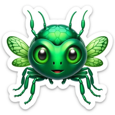Cinematic Cute Green Bugdie Portrait Emoji, Head tilted playfully and inquisitively, featuring a glossy, vibrant emerald exoskeleton with intricate patterns, round, sparkling multifaceted eyes filled with curiosity, Simplified yet irresistibly adorable features, highly detailed, glowing with a warm, friendly glow, high shine, affectionate and lively, stylized with a touch of whimsy, bright and endearing, soft glowing outline, capturing the essence of a mischievous yet charming bug, so playful it feels like it could buzz out of the screen and into your arms! sticker
