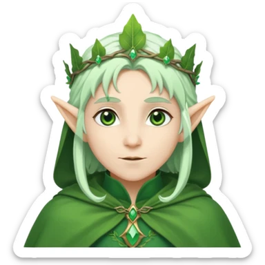 Forest Elf – elegant green-skinned elf with leaf crown and cloak, white hair sticker