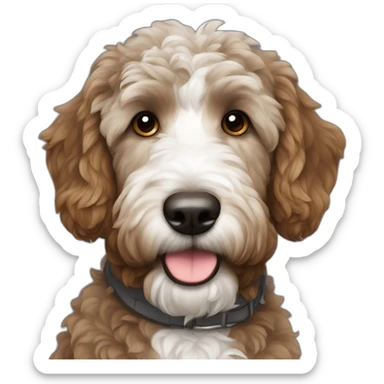 dark gray brown golden doodle with white patch on chest sticker