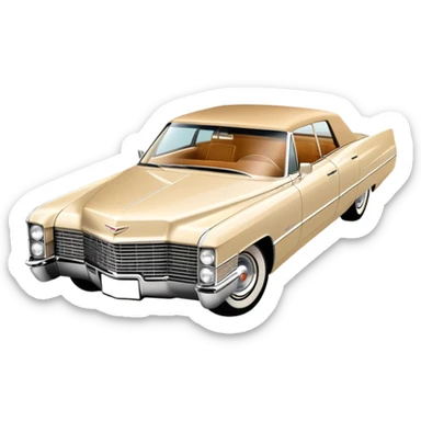 Streamlined beige 1966 Cadillac DeVille, minimal design language, 30-degree view showing simplified front and side, Once Upon a Hollywood reference, iOS emoji style sticker