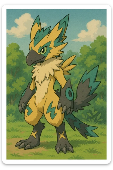 Sergal-Protogen-Trico-Renamon-Lombax-Zeraora-Vernid-fusion-hybrid-creature, drawn in a Pokémon/Digimon style sticker