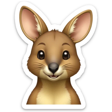 Cinematic Cute Wallaby Portrait Emoji, Head tilted playfully and inquisitively, featuring a glossy tan fur with delicate brown accents and a charming, alert expression, round, sparkling eyes filled with gentle curiosity, Simplified yet irresistibly adorable features, highly detailed, glowing with a warm, friendly glow, high shine, affectionate and bouncy, stylized with a touch of outback whimsy, bright and endearing, soft glowing outline, capturing the essence of a mischievous yet loving wallaby, so playful it feels like it could skip out of the screen into your arms! sticker