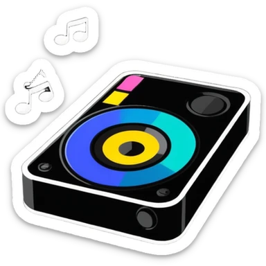 compact speaker with colorful music notes floating above sticker