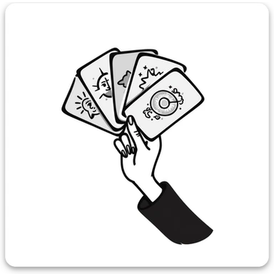 a hand holding a fan of mystical tarot cards with celestial symbols, pastel colors dd9fb0, ffc6d3, a3bfc9, c4bee2, f1b091, detailed hand-drawn doodle style sticker