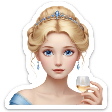 Cinematic Realistic Cinderella Portrait, depicted with lifelike skin texture, subtle rosy undertones, and soft natural lighting that enhances the gentle contours of her face. Her intricately detailed golden blonde hair is elegantly styled in an updo, with delicate wisps framing her face. Her deep, expressive blue eyes radiate warmth and sincerity, reflecting a quiet resilience and grace. She holds a glass slipper gently in one hand, her other hand resting gracefully at her side, emphasizing the timeless beauty of the moment. She is dressed in her iconic ball gown, the fabric shimmering with intricate embroidery and fine translucent layers that catch the light beautifully. The soft sheen of satin gloves adds a magical touch to her graceful pose. The portrait features an enchanting glow with a natural, luminous finish, seamlessly blending realism and fairytale charm to evoke a sense of depth, elegance, and timeless beauty. sticker