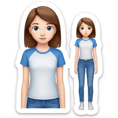 A 15 year old cute white girl wearing blue jeans with straight brown hair and a white t shirt sticker