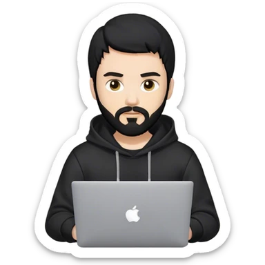 hackeur blanc cheveux noir barbe et capuche noir avec un macbook sticker