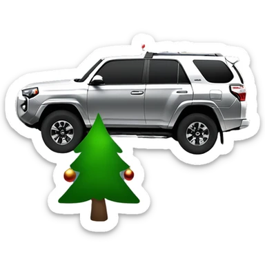 A silver Toyota 4Runner with a christmas tree on the roof. The stump of the christmas tree is facing the front of the 4Runner, with the top of the tree hanging off of the back. sticker