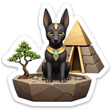 Protecting silky black-haired tiny statuette young miniature Anubis and pyramid scenery stone-age cracked irregular dodecagon bonsai pot  sticker